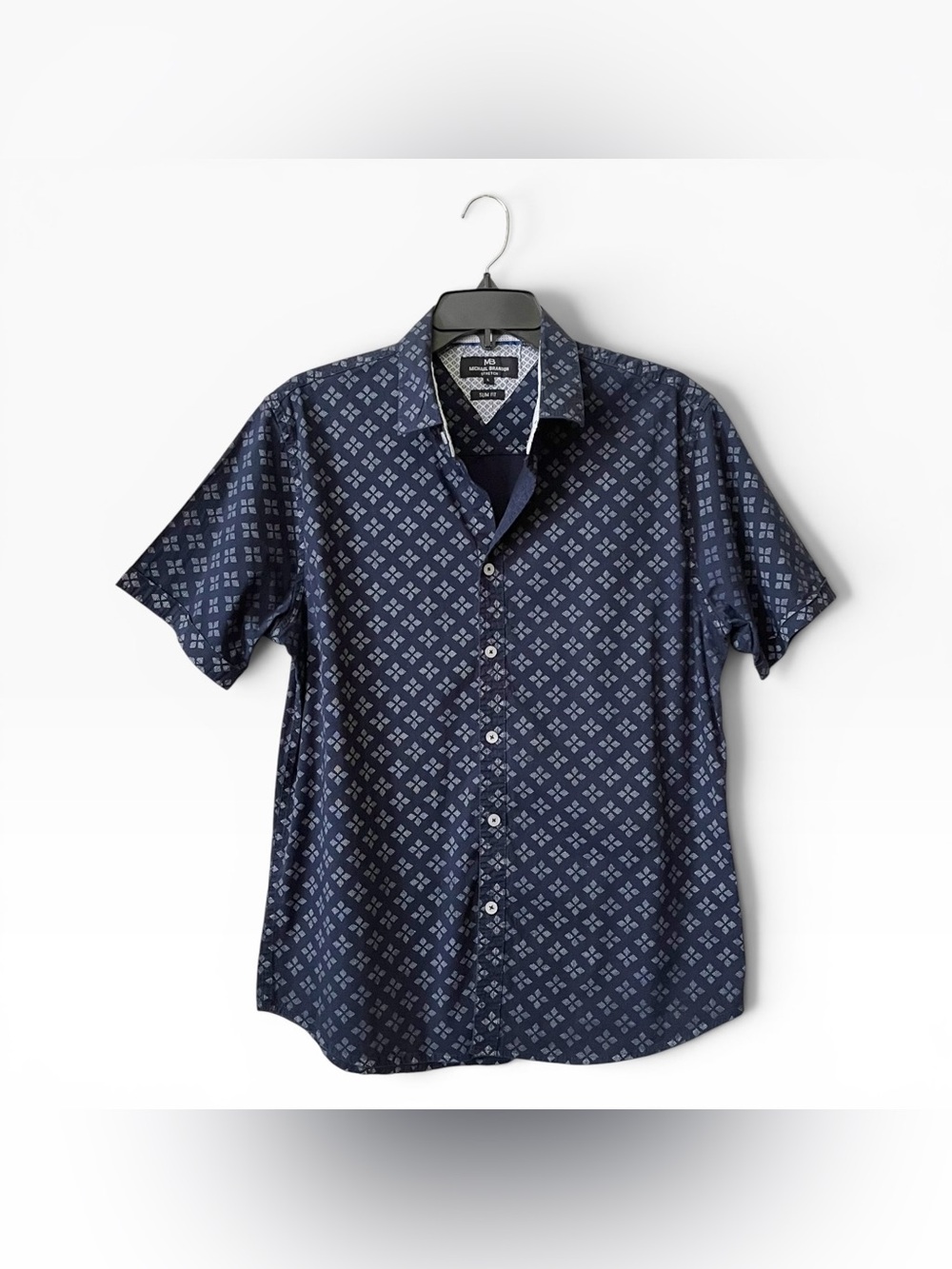 Michael Brandon Shirt Men’s L Blue Print Slim Fit Button Up Short Sleeve Casual